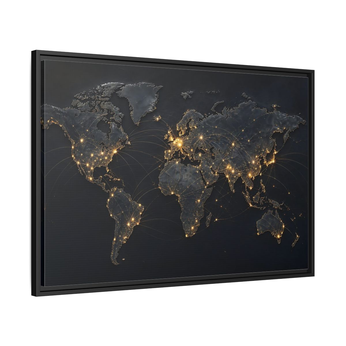 Side Mockup 13. Maps World Map Black Gold Map shown as stretched canvas wall art