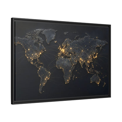 Side Mockup 13. Maps World Map Black Gold Map shown as stretched canvas wall art