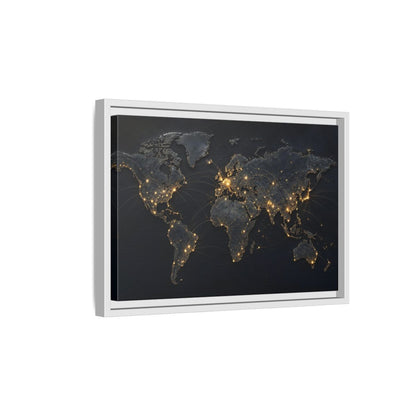 Side Mockup 4. Maps World Map Black Gold Map shown as stretched canvas wall art