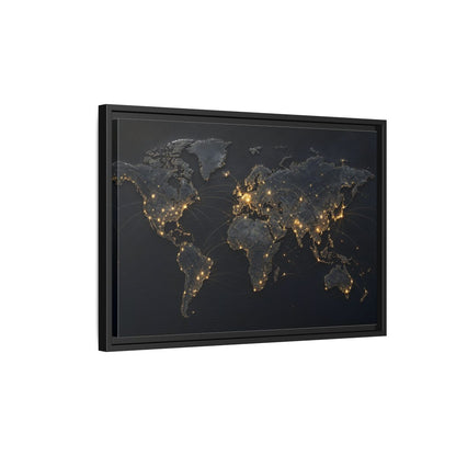 Side Mockup 3. Maps World Map Black Gold Map shown as stretched canvas wall art