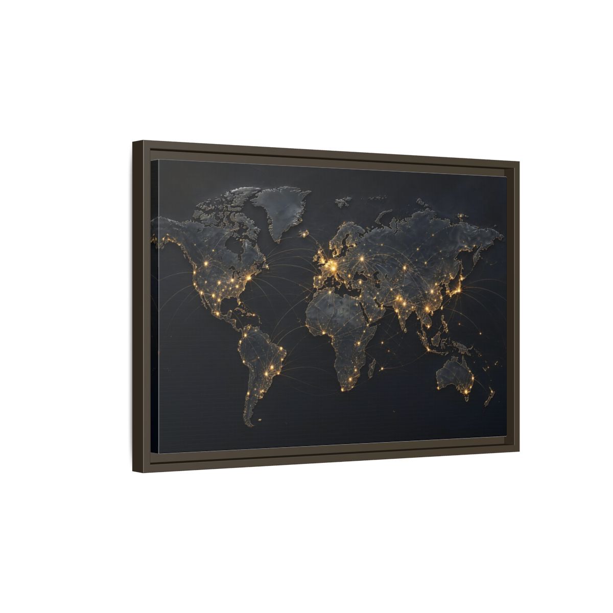 Side Mockup 2. Maps World Map Black Gold Map shown as stretched canvas wall art