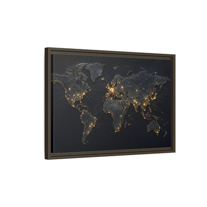 Side Mockup 2. Maps World Map Black Gold Map shown as stretched canvas wall art