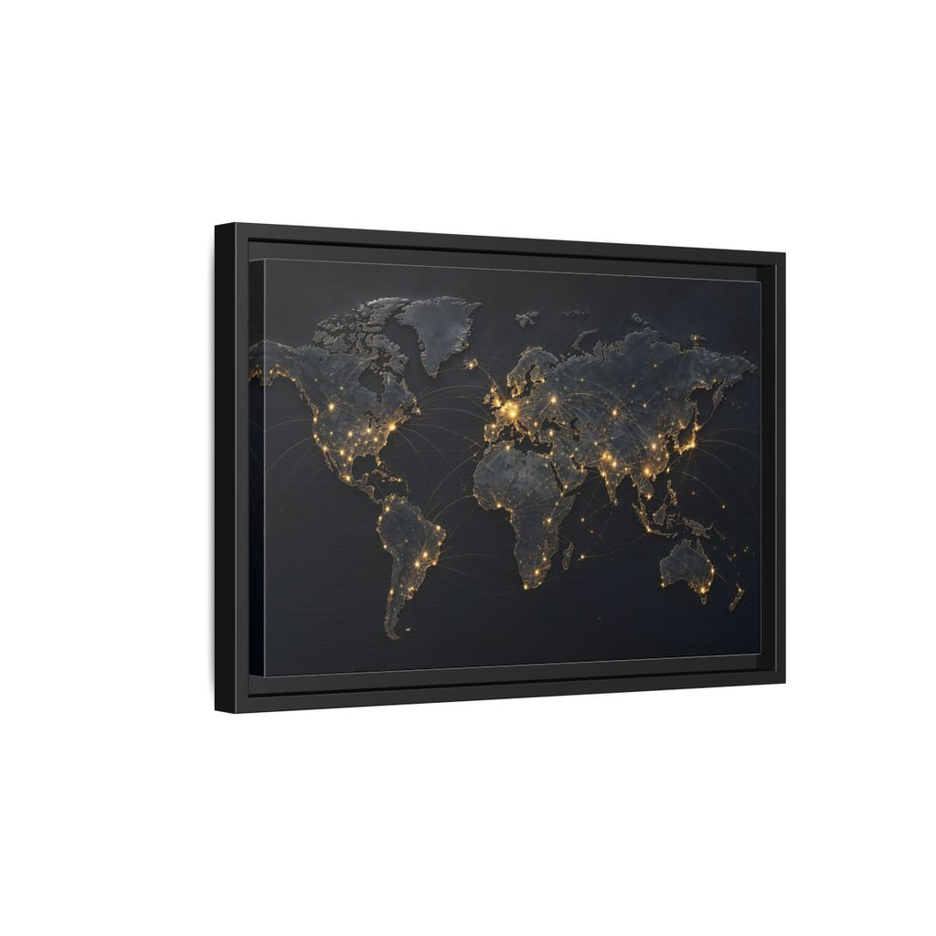 Side Mockup 6. Maps World Map Black Gold Map shown as stretched canvas wall art