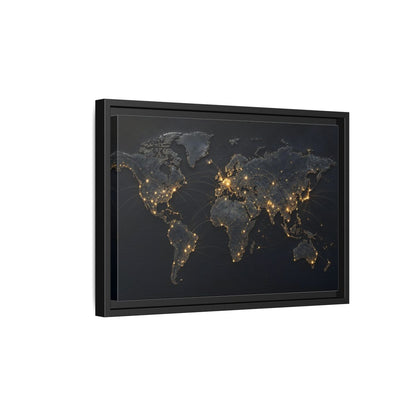 Side Mockup 6. Maps World Map Black Gold Map shown as stretched canvas wall art
