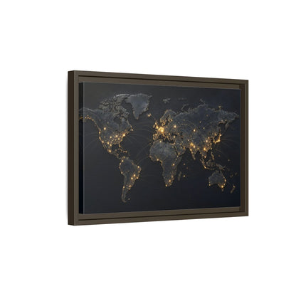 Side Mockup 5. Maps World Map Black Gold Map shown as stretched canvas wall art