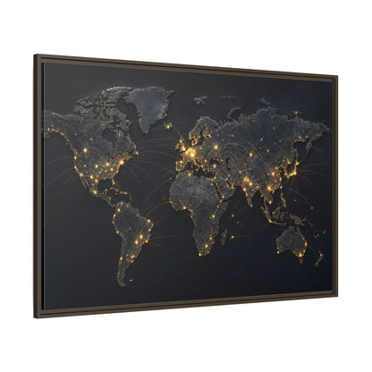 Side Mockup 8. Maps World Map Black Gold Map shown as stretched canvas wall art