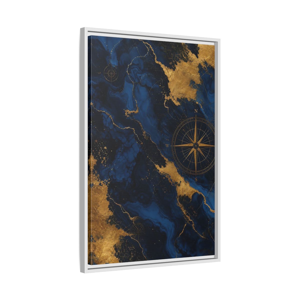 Side Mockup 10. Maps World Map Blue And Gold shown as stretched canvas wall art