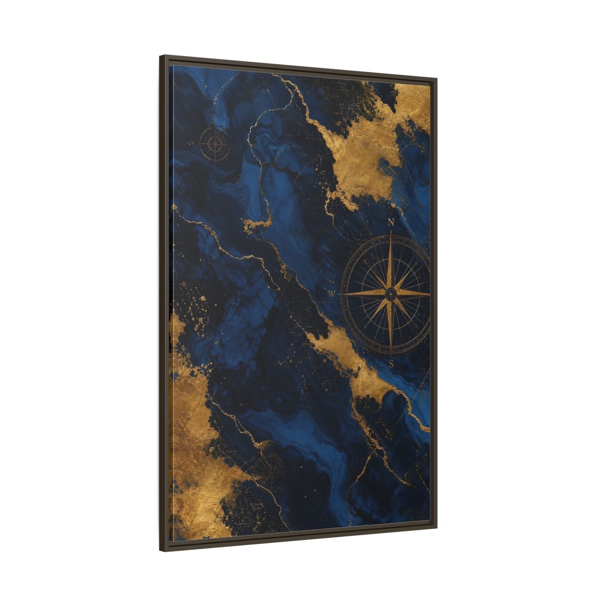 Side Mockup 8. Maps World Map Blue And Gold shown as stretched canvas wall art