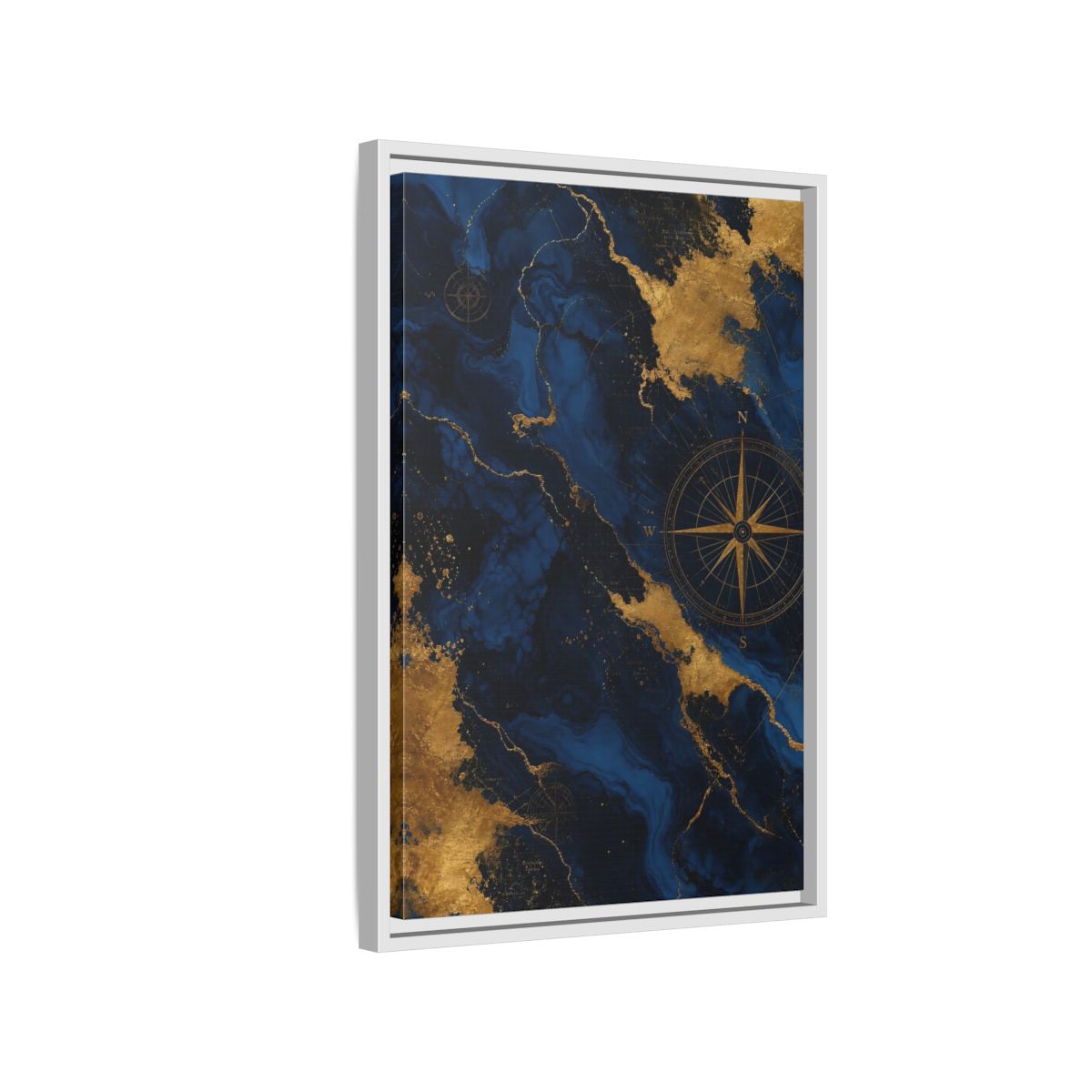Side Mockup 1. Maps World Map Blue And Gold shown as stretched canvas wall art