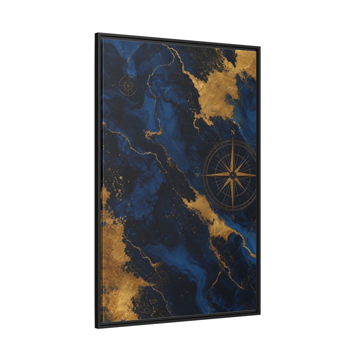 Side Mockup 12. Maps World Map Blue And Gold shown as stretched canvas wall art