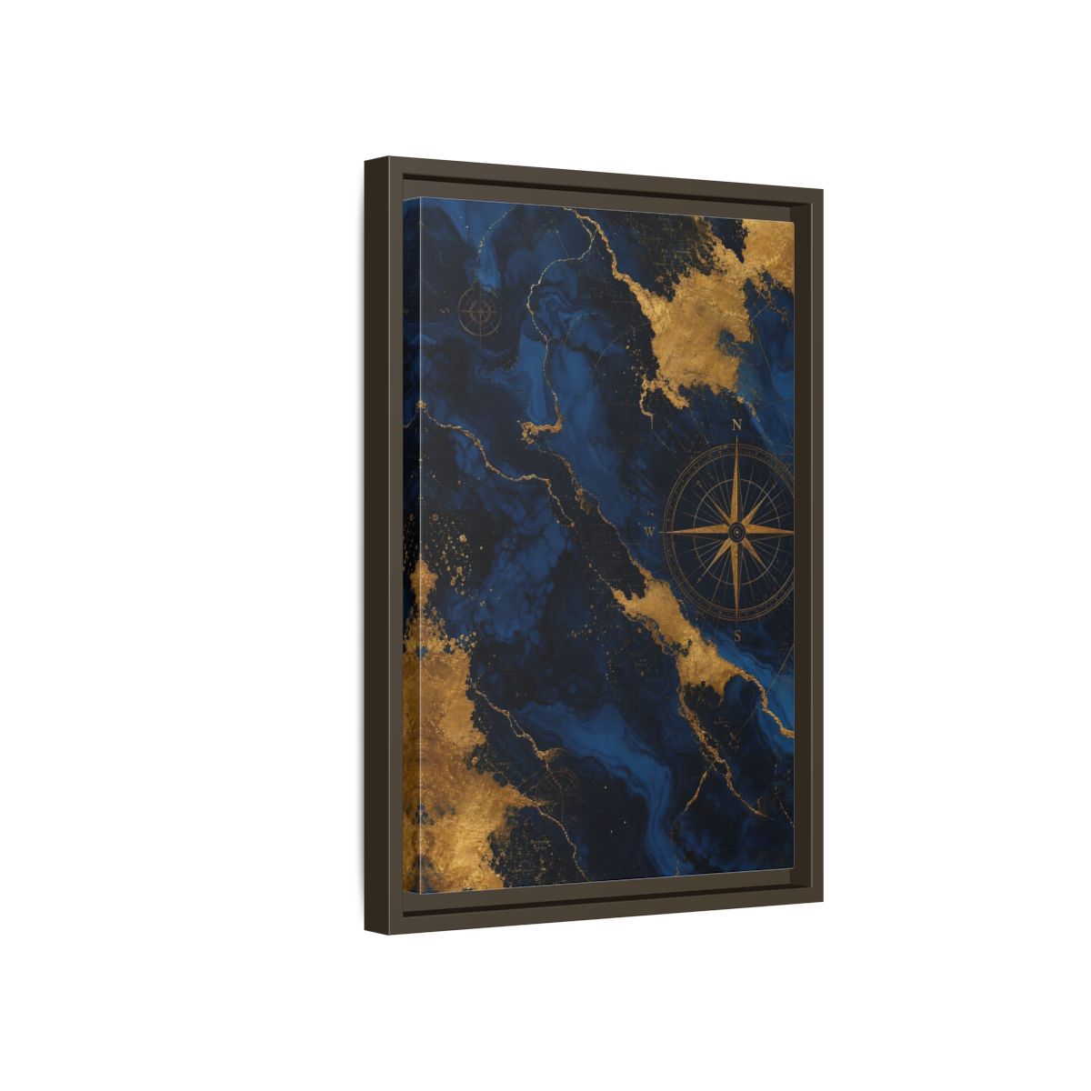 Side Mockup 5. Maps World Map Blue And Gold shown as stretched canvas wall art