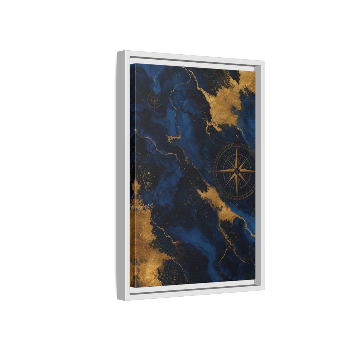 Side Mockup 4. Maps World Map Blue And Gold shown as stretched canvas wall art