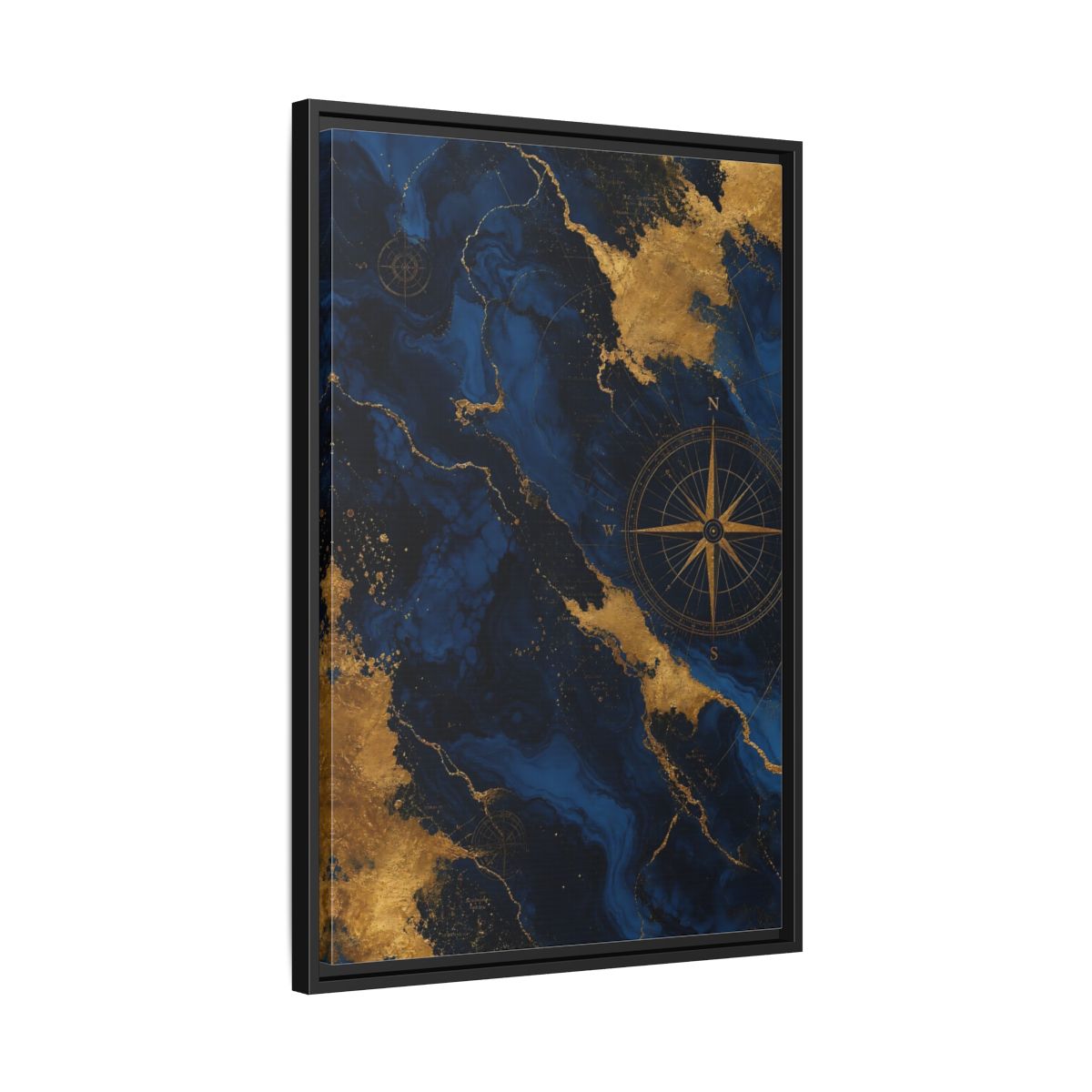Side Mockup 14. Maps World Map Blue And Gold shown as stretched canvas wall art