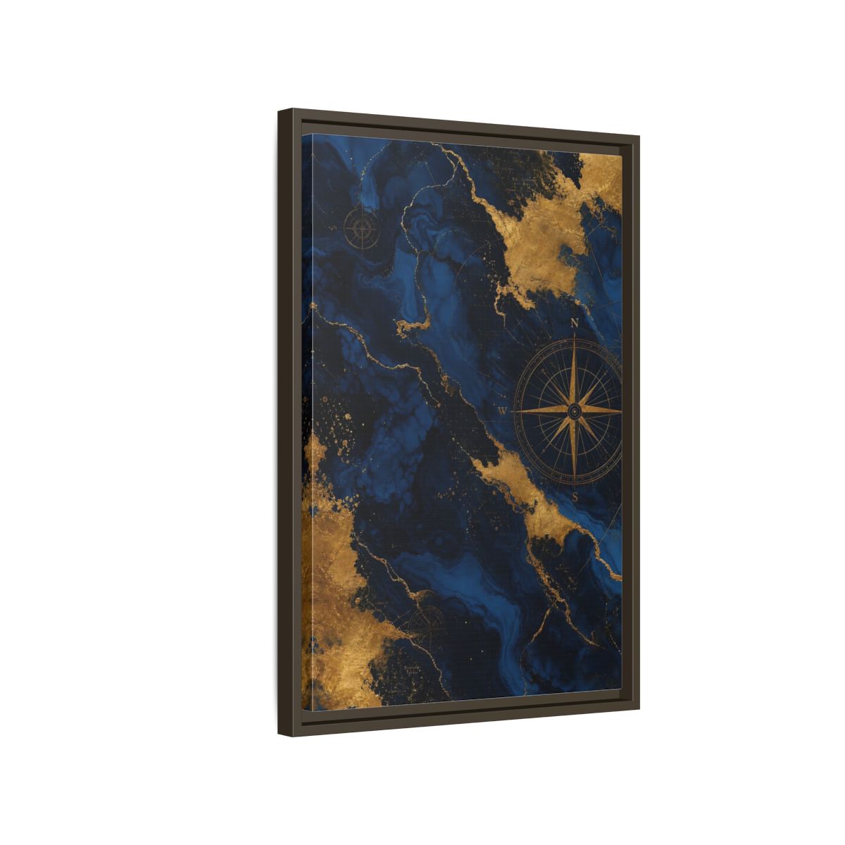 Side Mockup 2. Maps World Map Blue And Gold shown as stretched canvas wall art