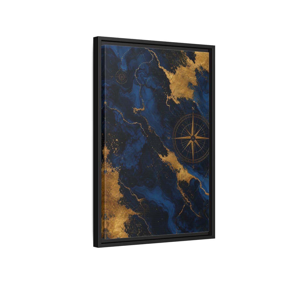Side Mockup 3. Maps World Map Blue And Gold shown as stretched canvas wall art
