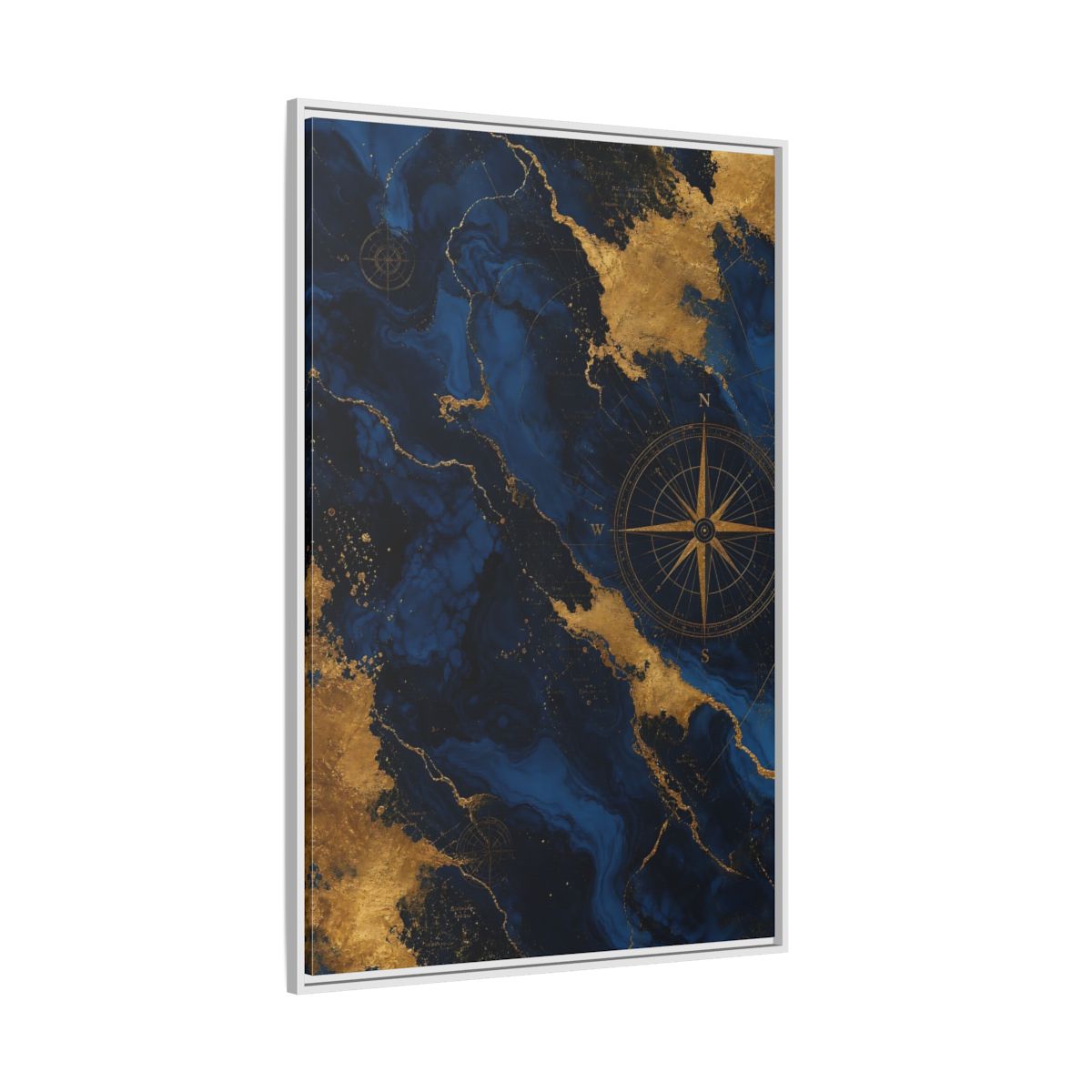 Side Mockup 7. Maps World Map Blue And Gold shown as stretched canvas wall art