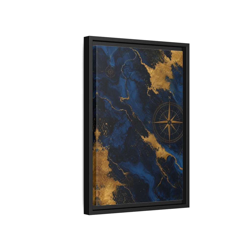 Side Mockup 6. Maps World Map Blue And Gold shown as stretched canvas wall art