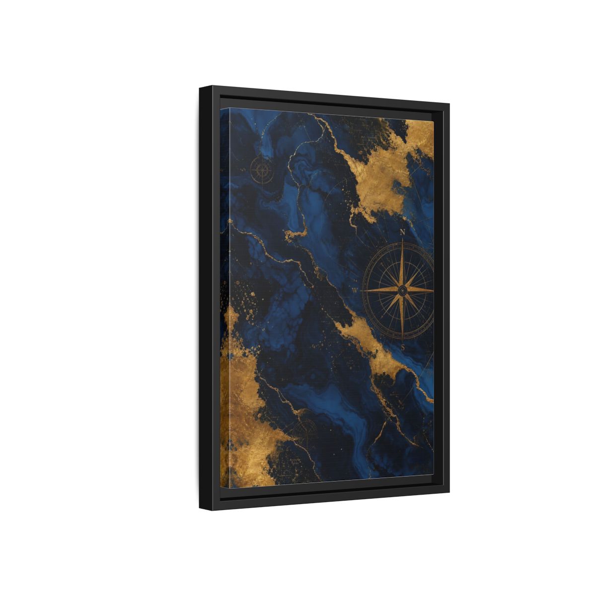 Side Mockup 6. Maps World Map Blue And Gold shown as stretched canvas wall art