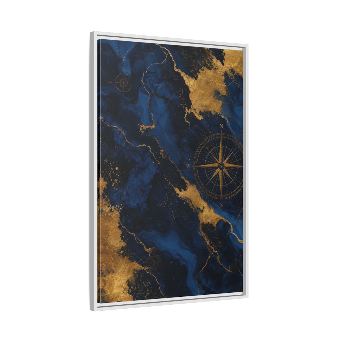 Side Mockup 9. Maps World Map Blue And Gold shown as stretched canvas wall art