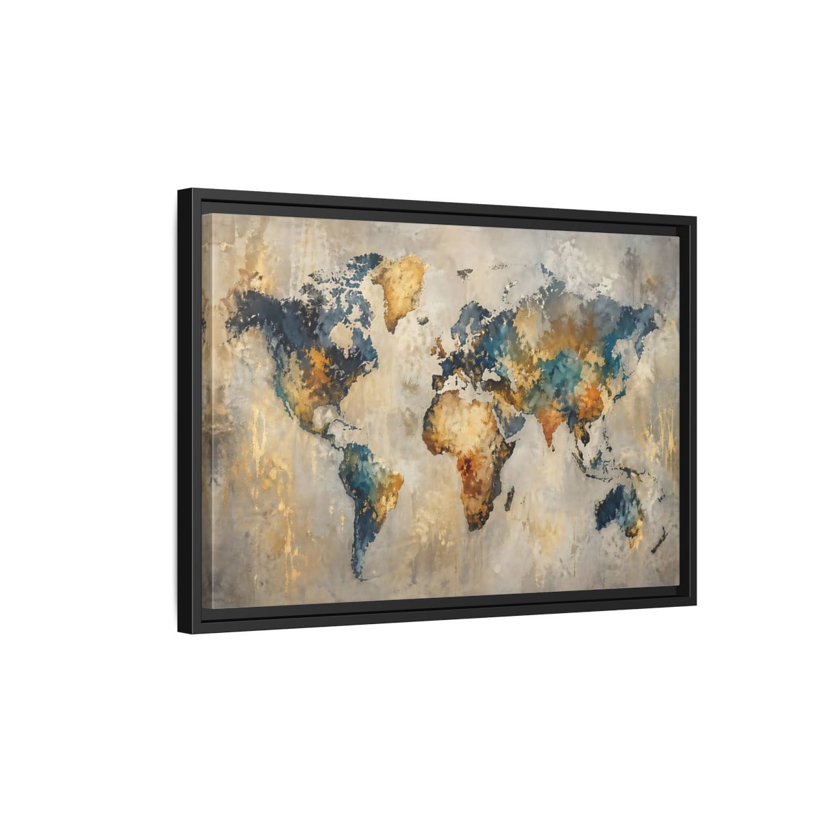Side Mockup 3. Maps World Map Blue Gold World Map shown as stretched canvas wall art