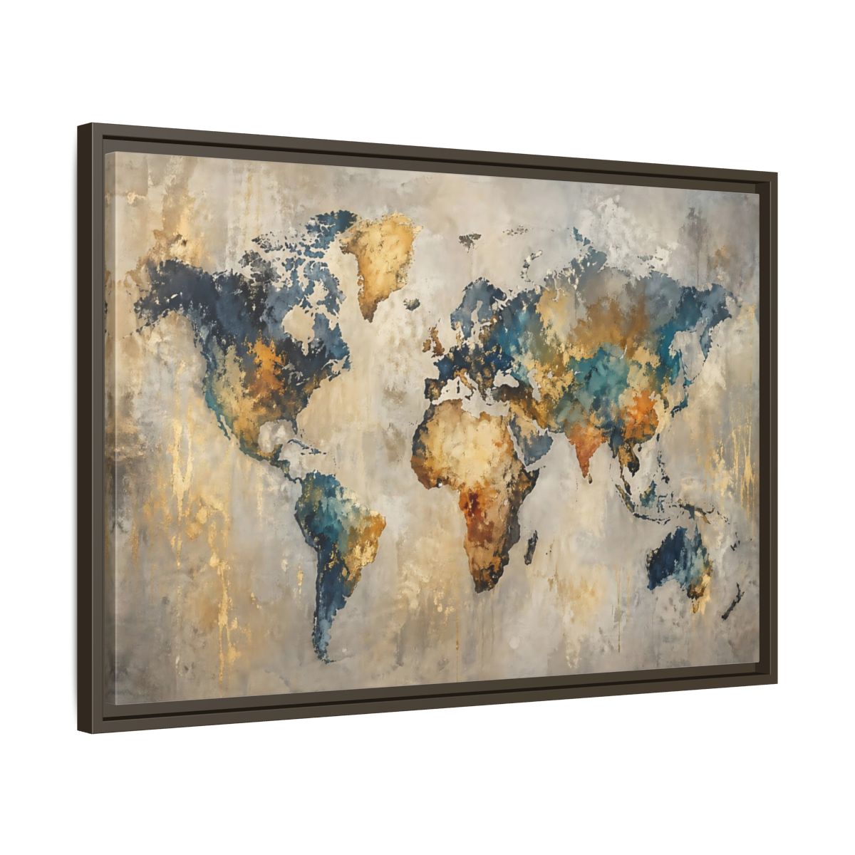 Side Mockup 11. Maps World Map Blue Gold World Map shown as stretched canvas wall art
