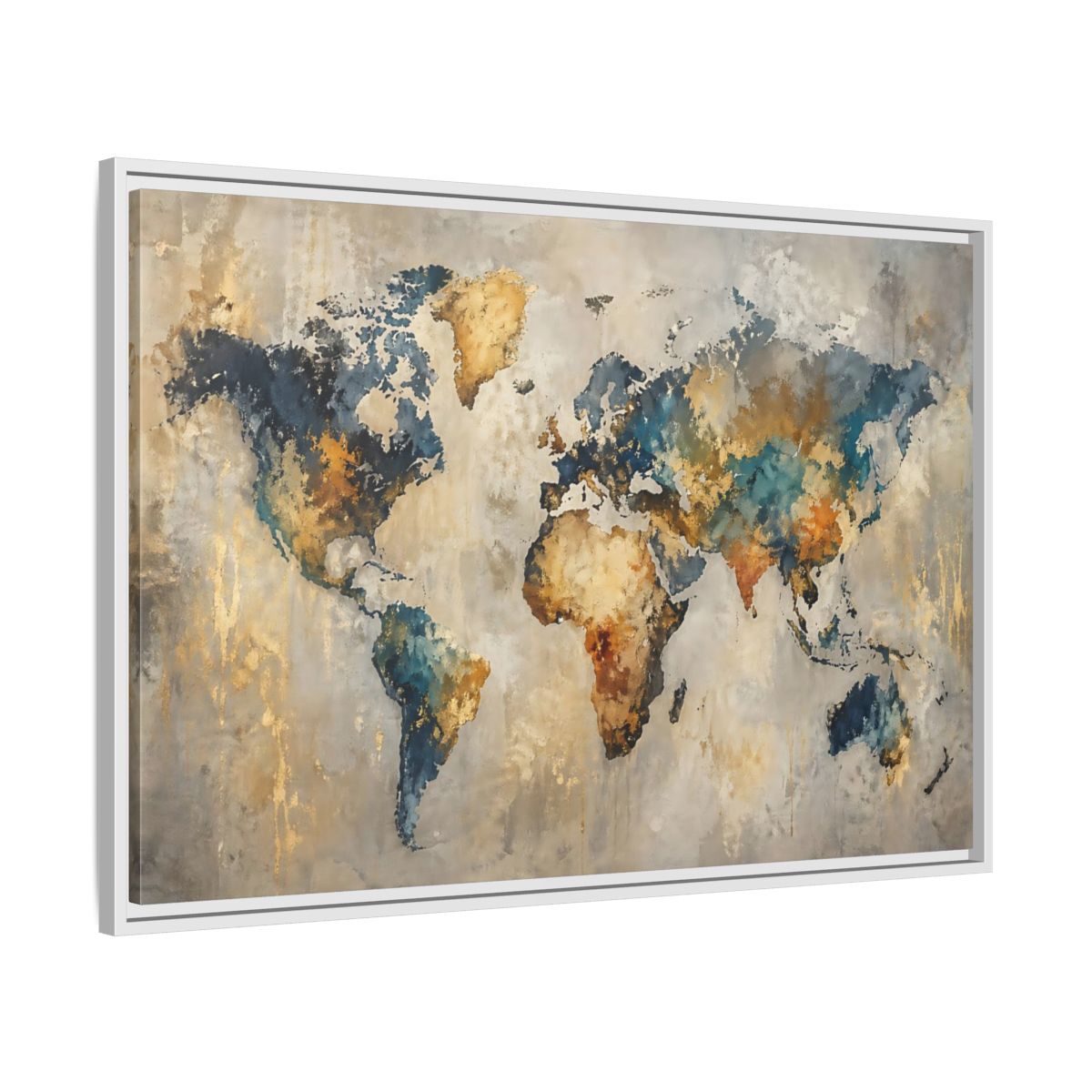 Side Mockup 9. Maps World Map Blue Gold World Map shown as stretched canvas wall art