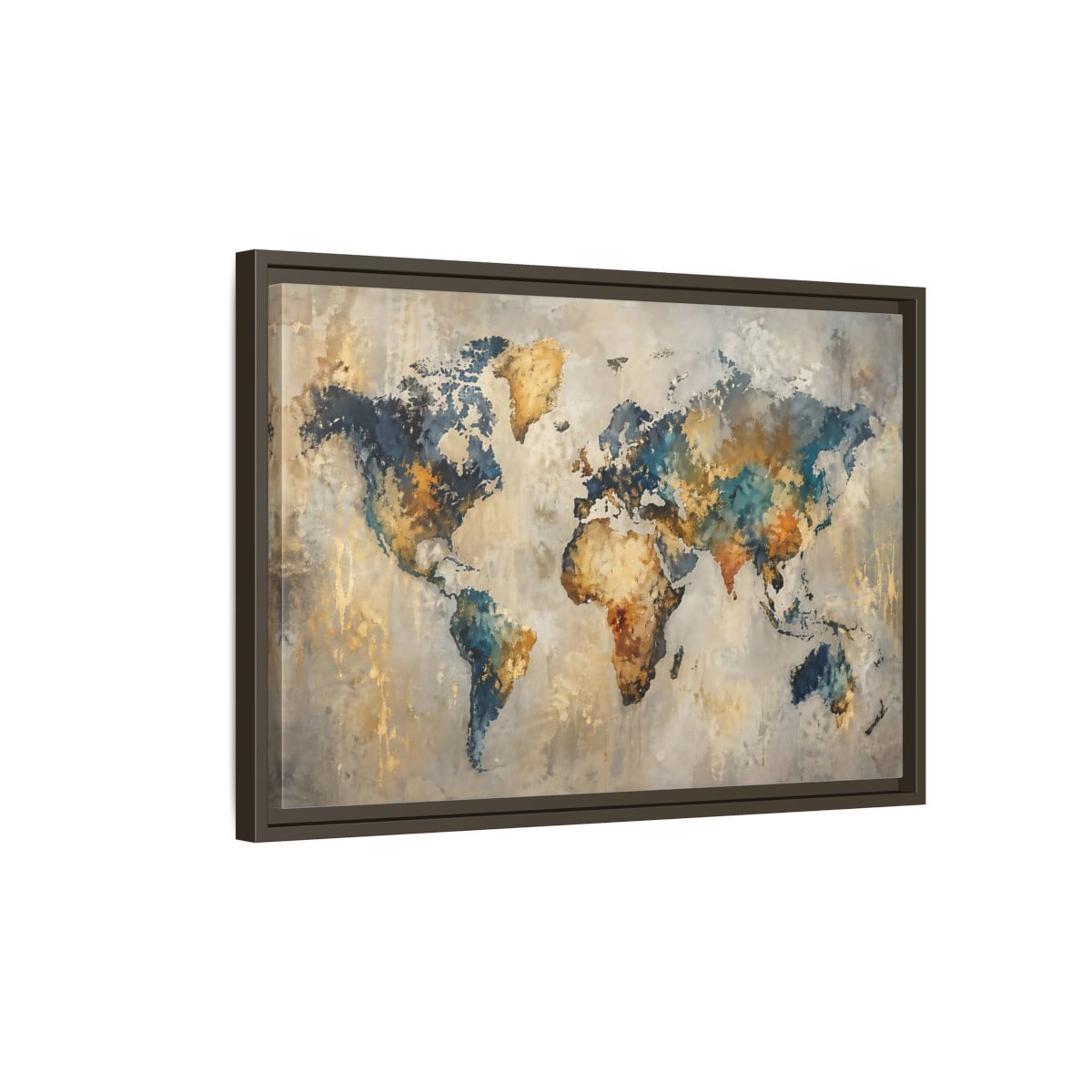 Side Mockup 2. Maps World Map Blue Gold World Map shown as stretched canvas wall art