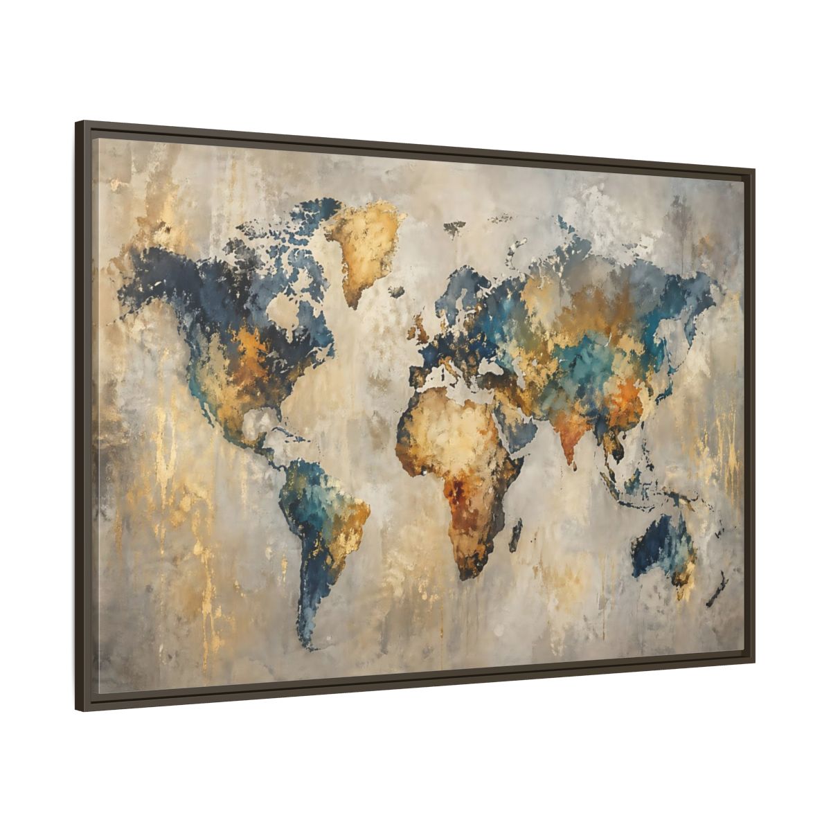 Side Mockup 8. Maps World Map Blue Gold World Map shown as stretched canvas wall art