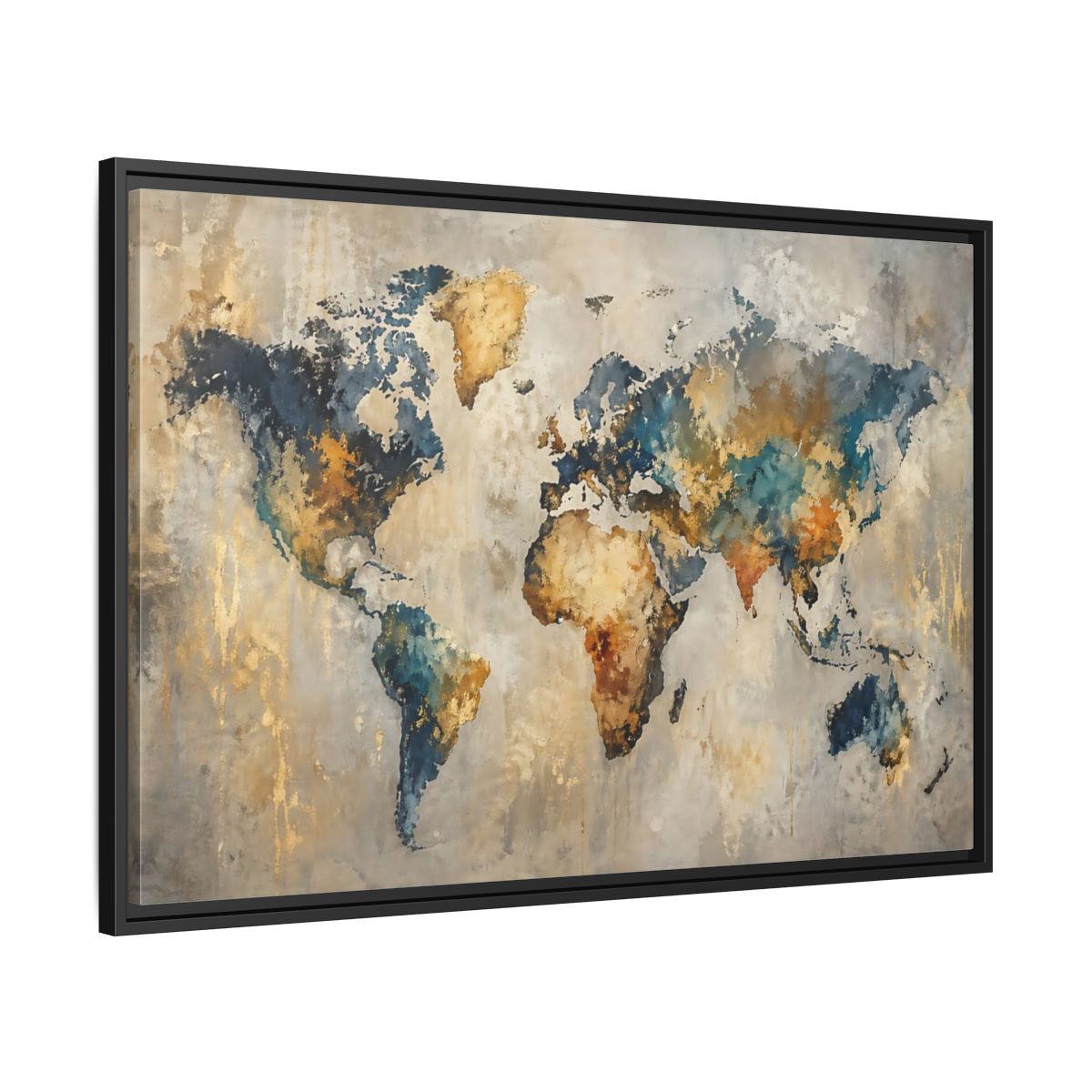 Side Mockup 13. Maps World Map Blue Gold World Map shown as stretched canvas wall art