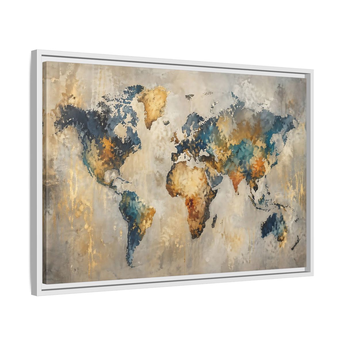 Side Mockup 10. Maps World Map Blue Gold World Map shown as stretched canvas wall art