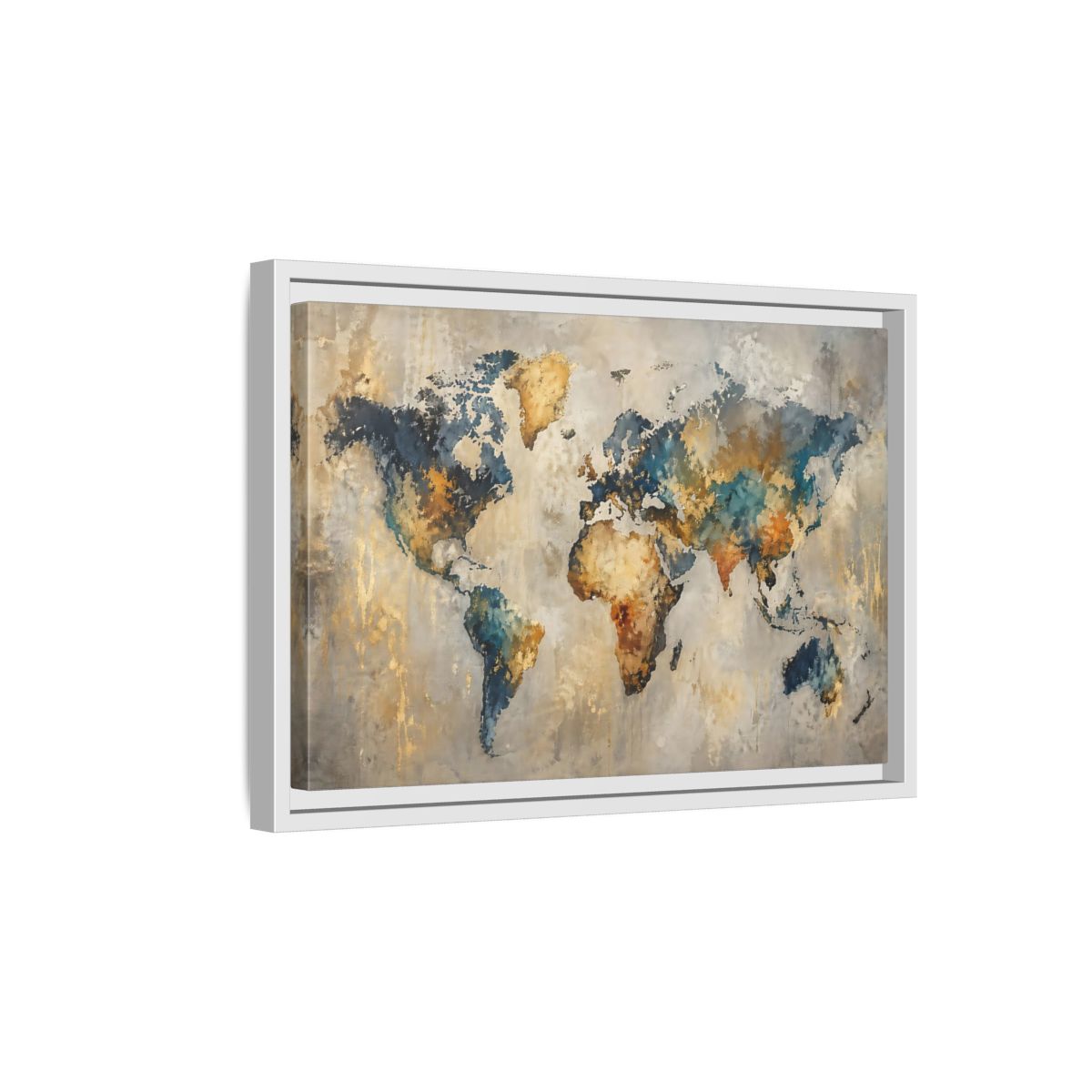 Side Mockup 4. Maps World Map Blue Gold World Map shown as stretched canvas wall art