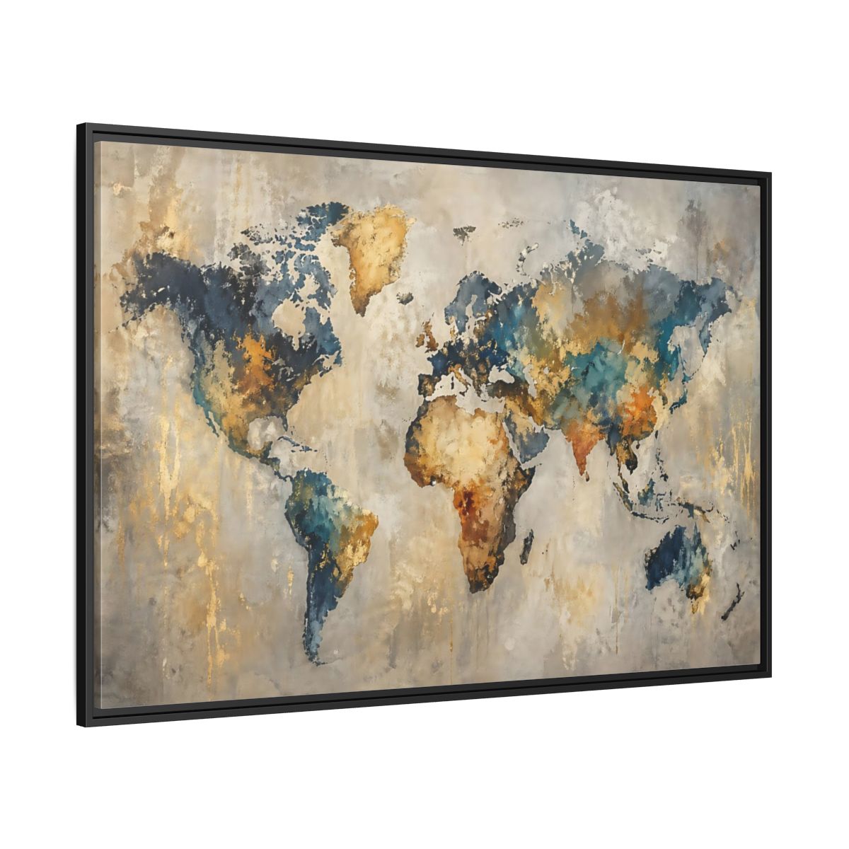 Side Mockup 12. Maps World Map Blue Gold World Map shown as stretched canvas wall art