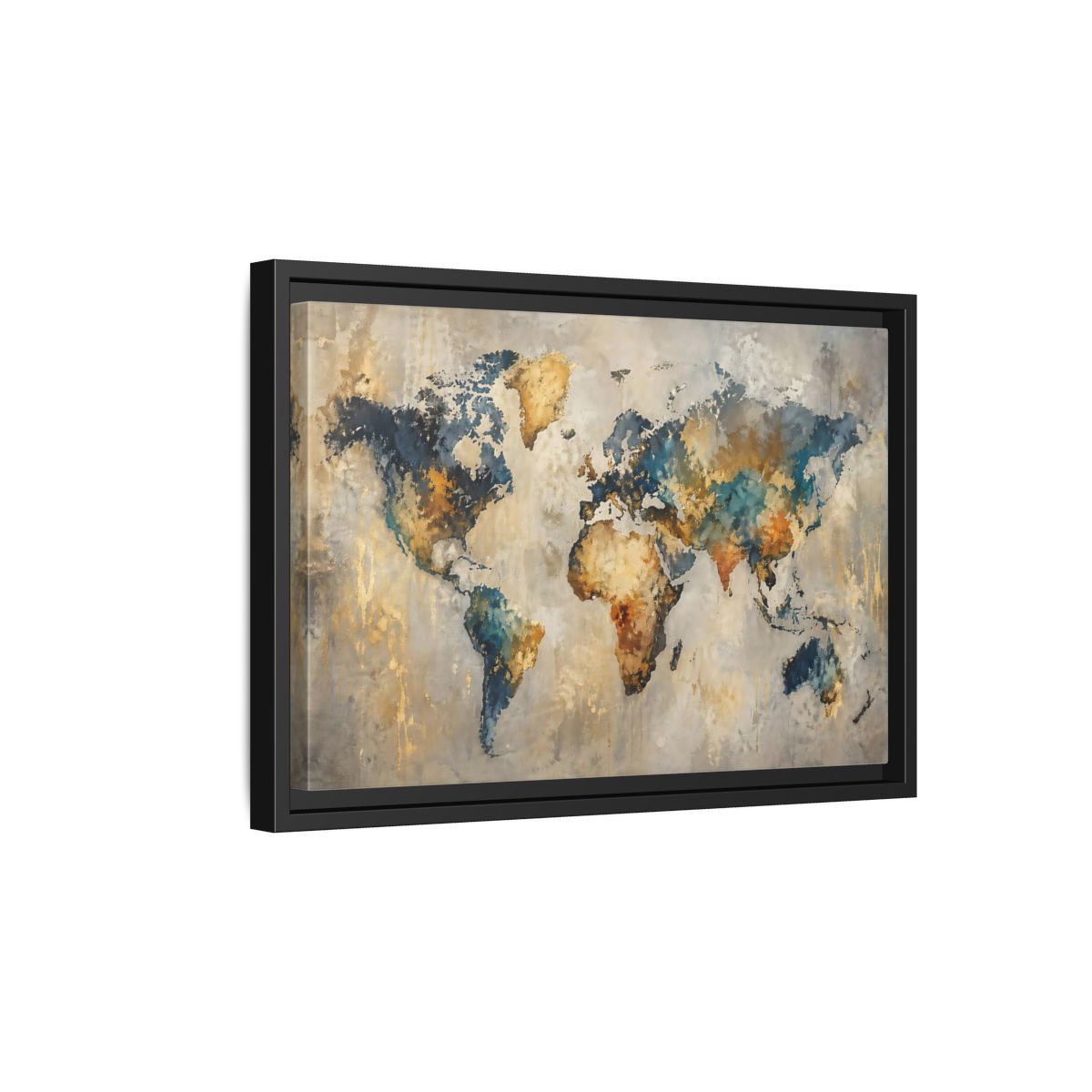 Side Mockup 6. Maps World Map Blue Gold World Map shown as stretched canvas wall art