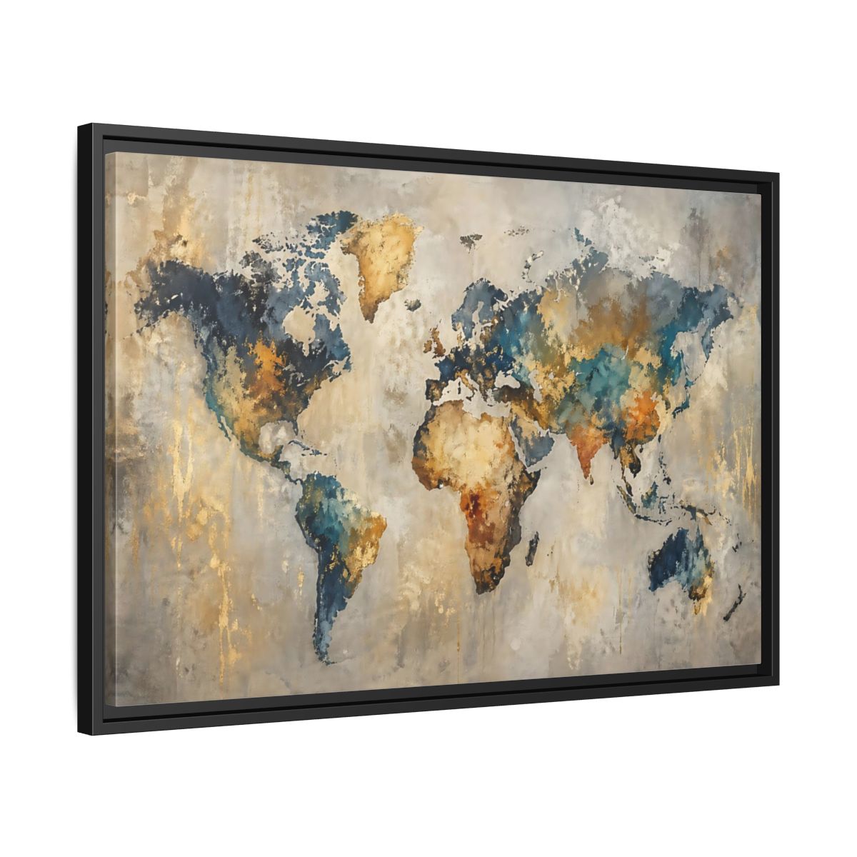 Side Mockup 14. Maps World Map Blue Gold World Map shown as stretched canvas wall art