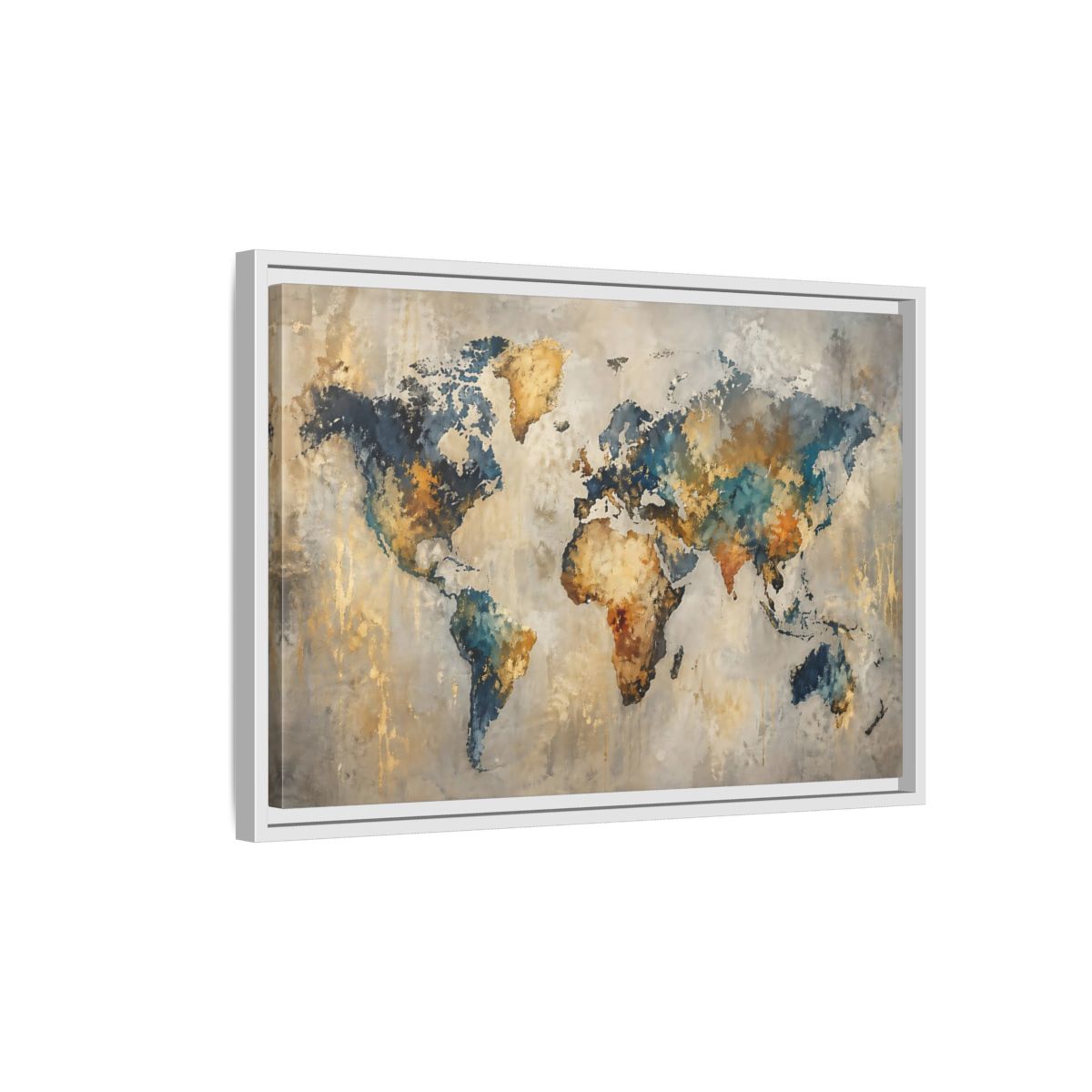 Side Mockup 1. Maps World Map Blue Gold World Map shown as stretched canvas wall art