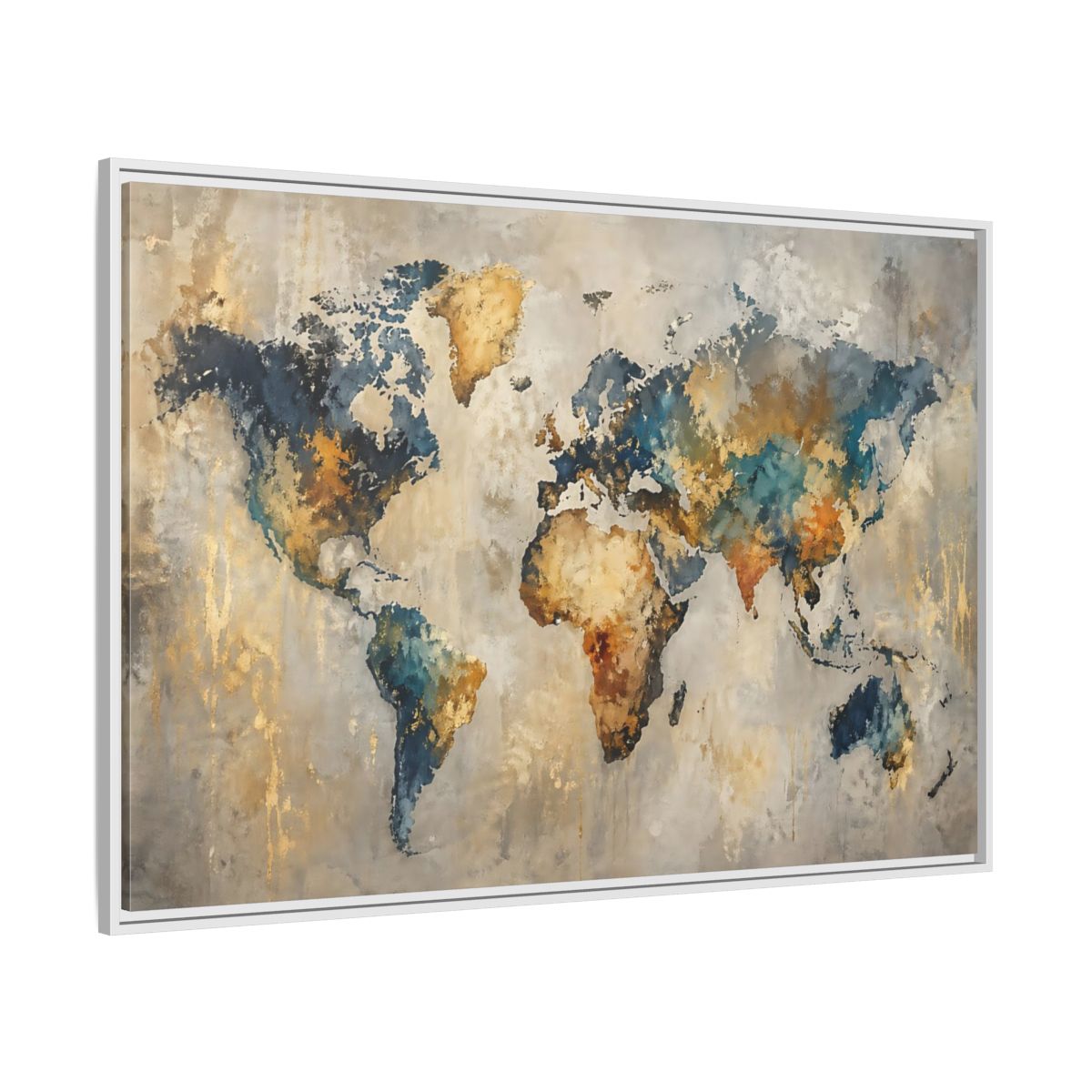Side Mockup 7. Maps World Map Blue Gold World Map shown as stretched canvas wall art