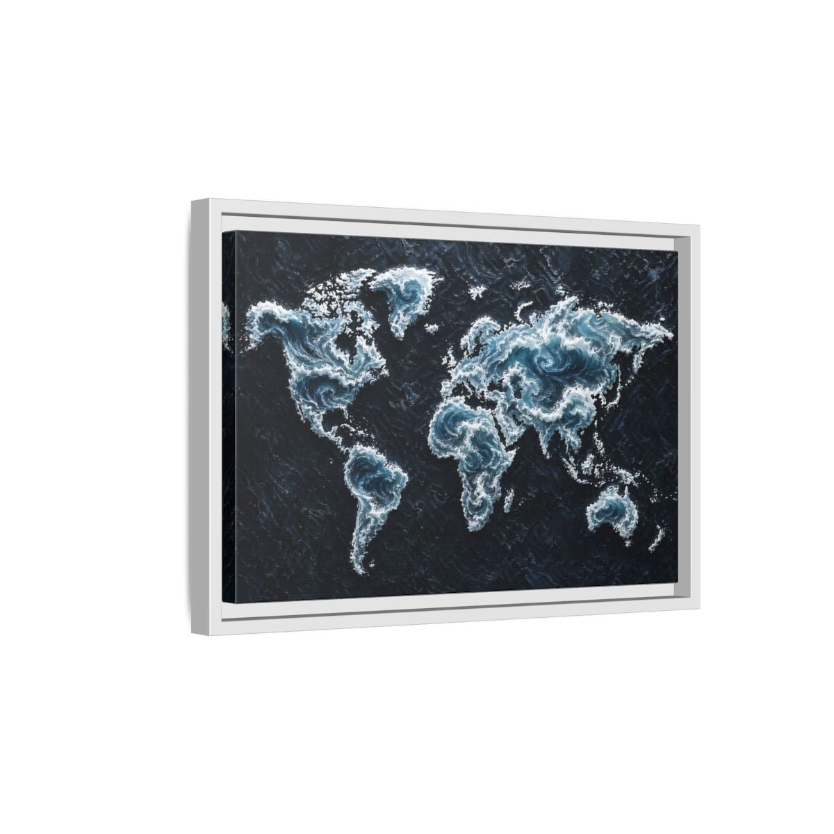 Side Mockup 4. Maps World Map Dark Blue Map shown as stretched canvas wall art