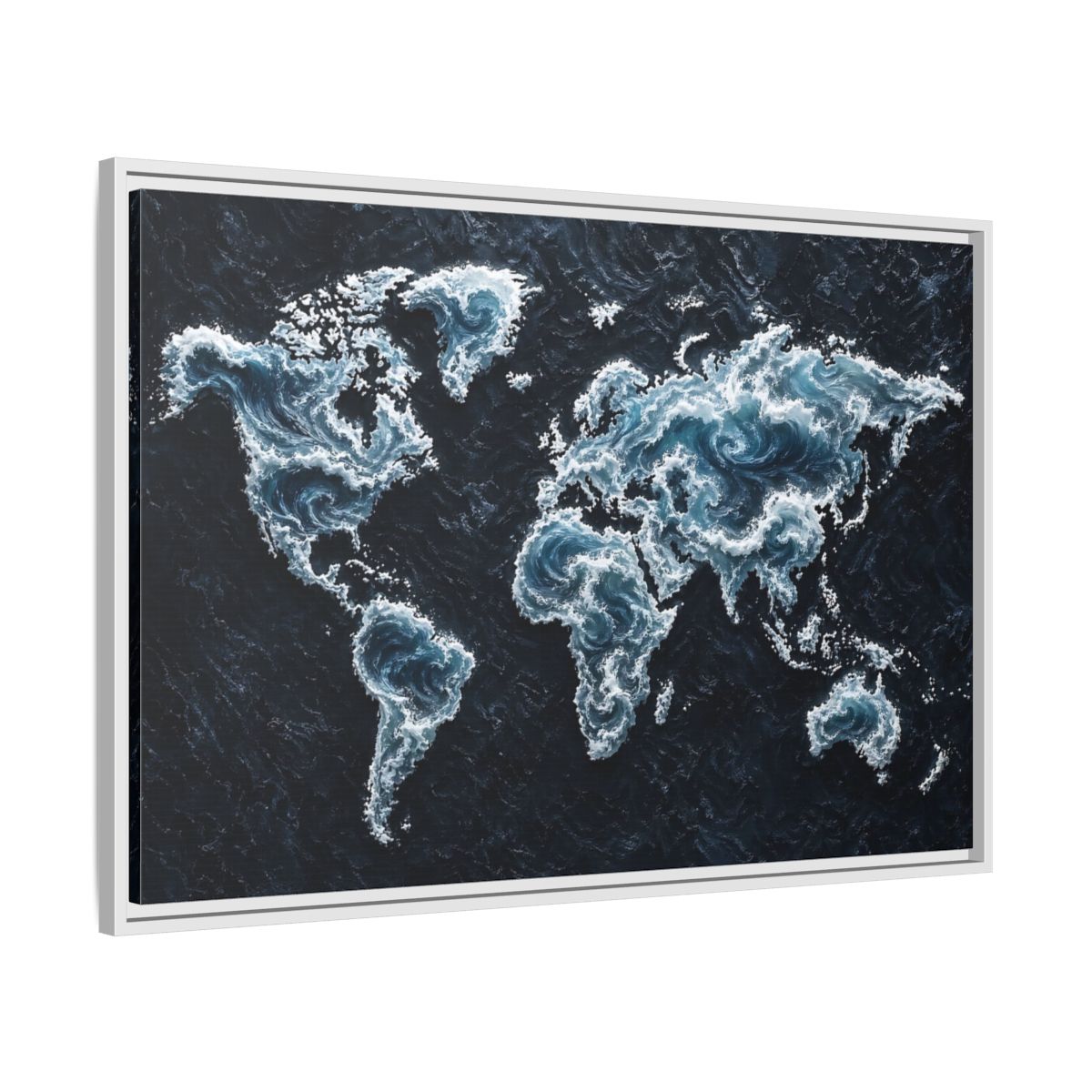 Side Mockup 9. Maps World Map Dark Blue Map shown as stretched canvas wall art