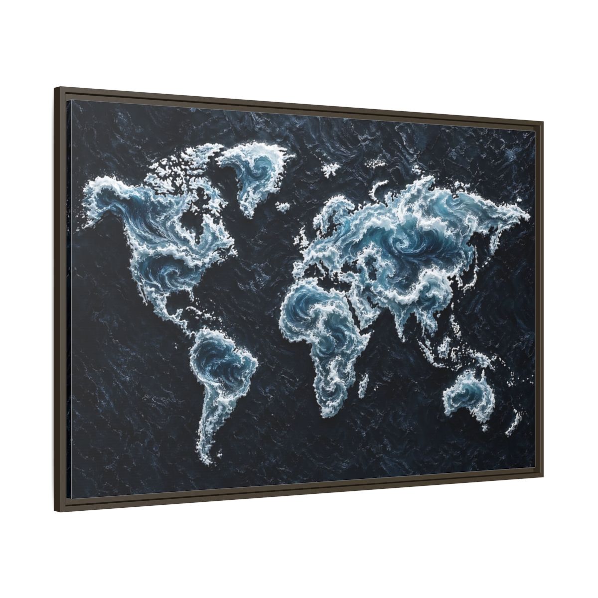 Side Mockup 8. Maps World Map Dark Blue Map shown as stretched canvas wall art