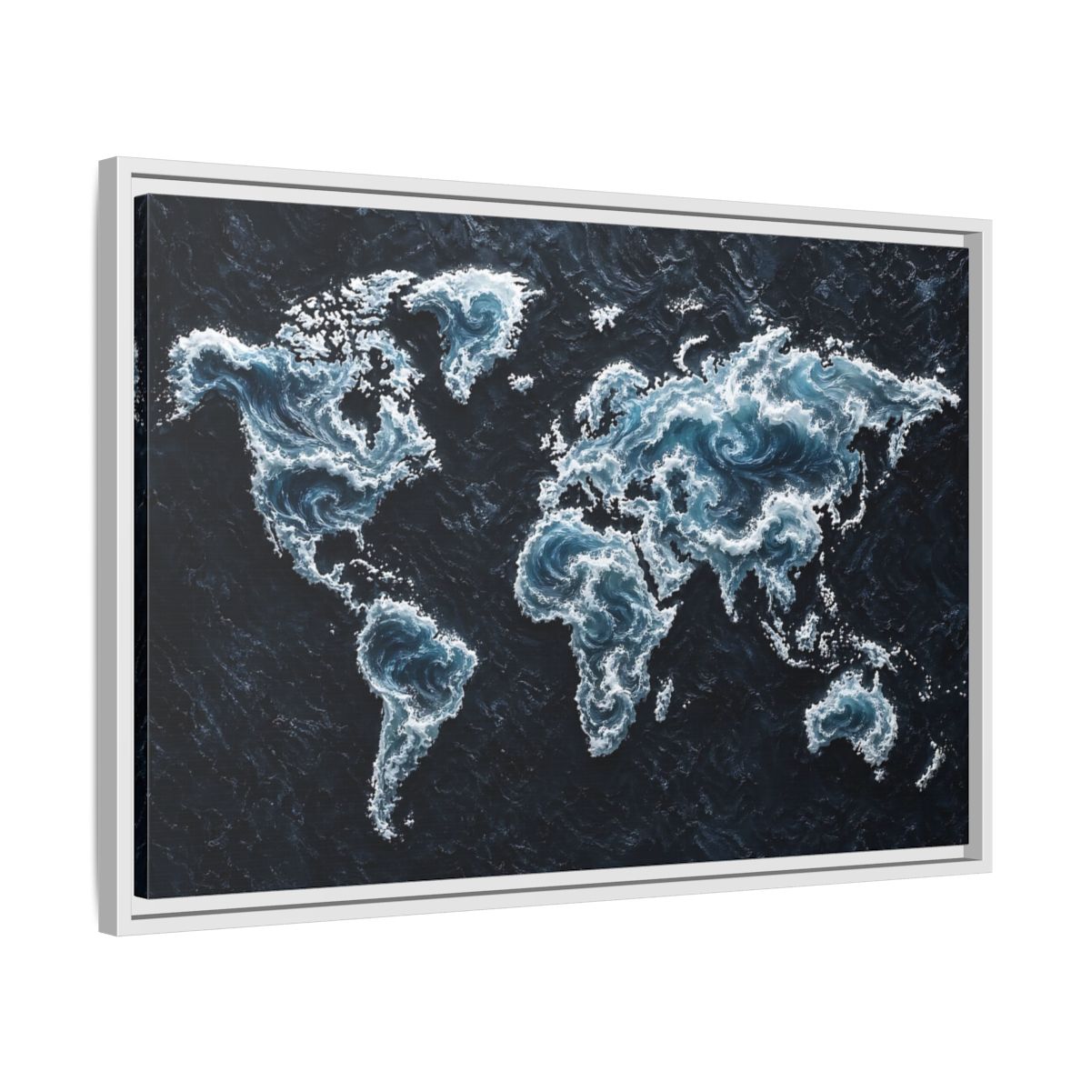 Side Mockup 10. Maps World Map Dark Blue Map shown as stretched canvas wall art