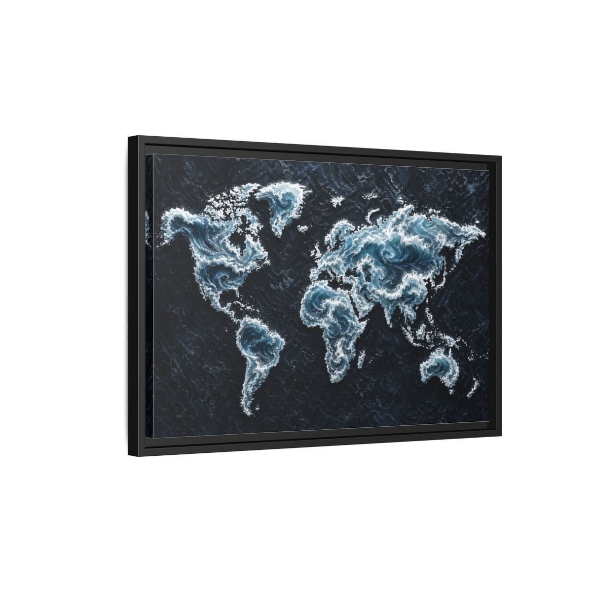 Side Mockup 3. Maps World Map Dark Blue Map shown as stretched canvas wall art