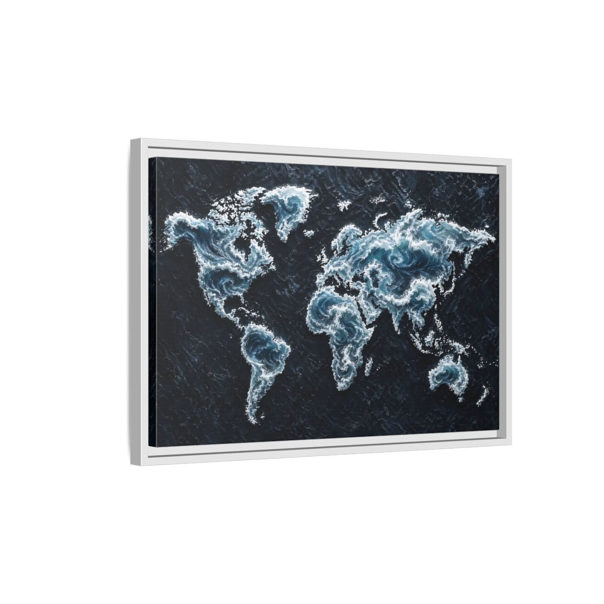Side Mockup 1. Maps World Map Dark Blue Map shown as stretched canvas wall art