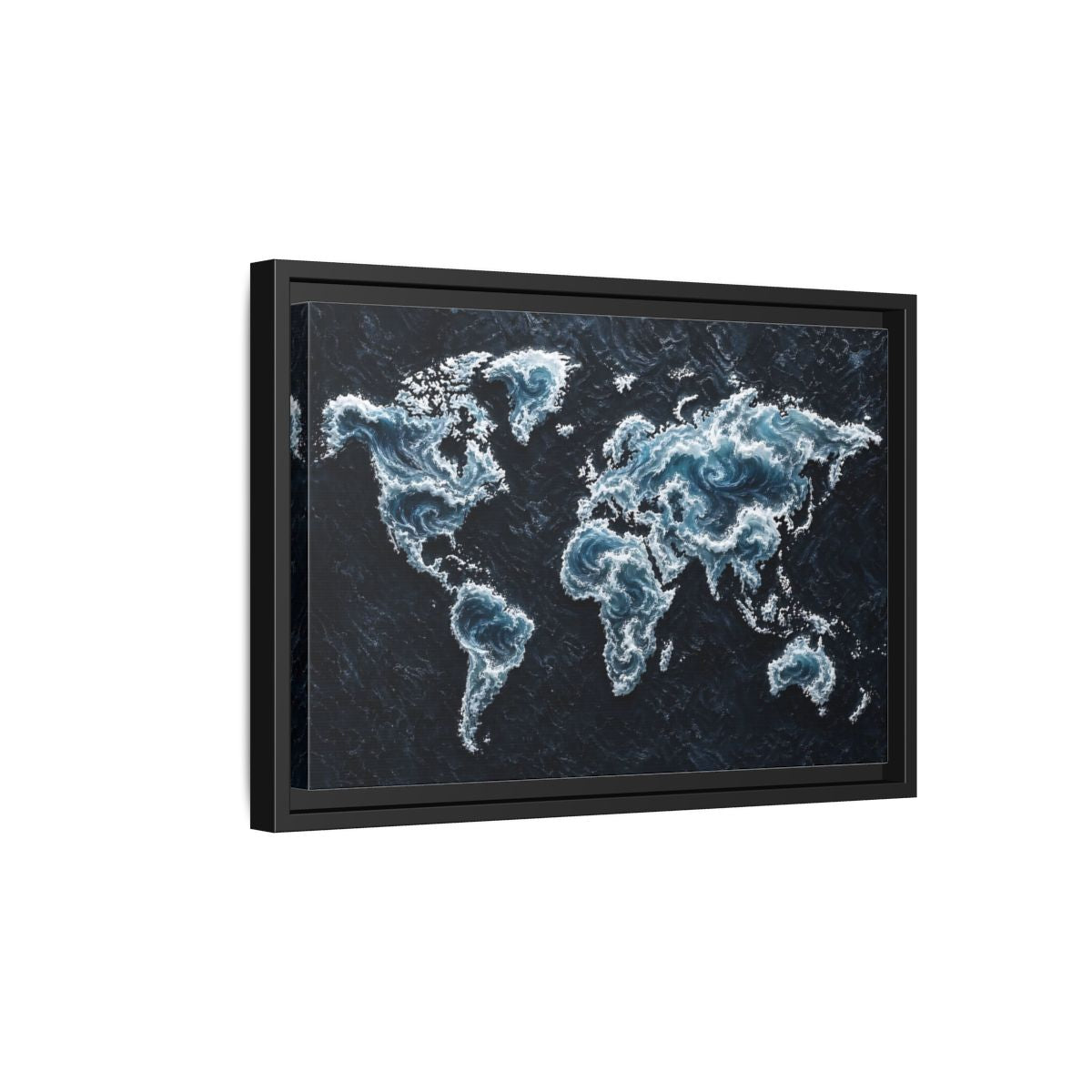 Side Mockup 6. Maps World Map Dark Blue Map shown as stretched canvas wall art