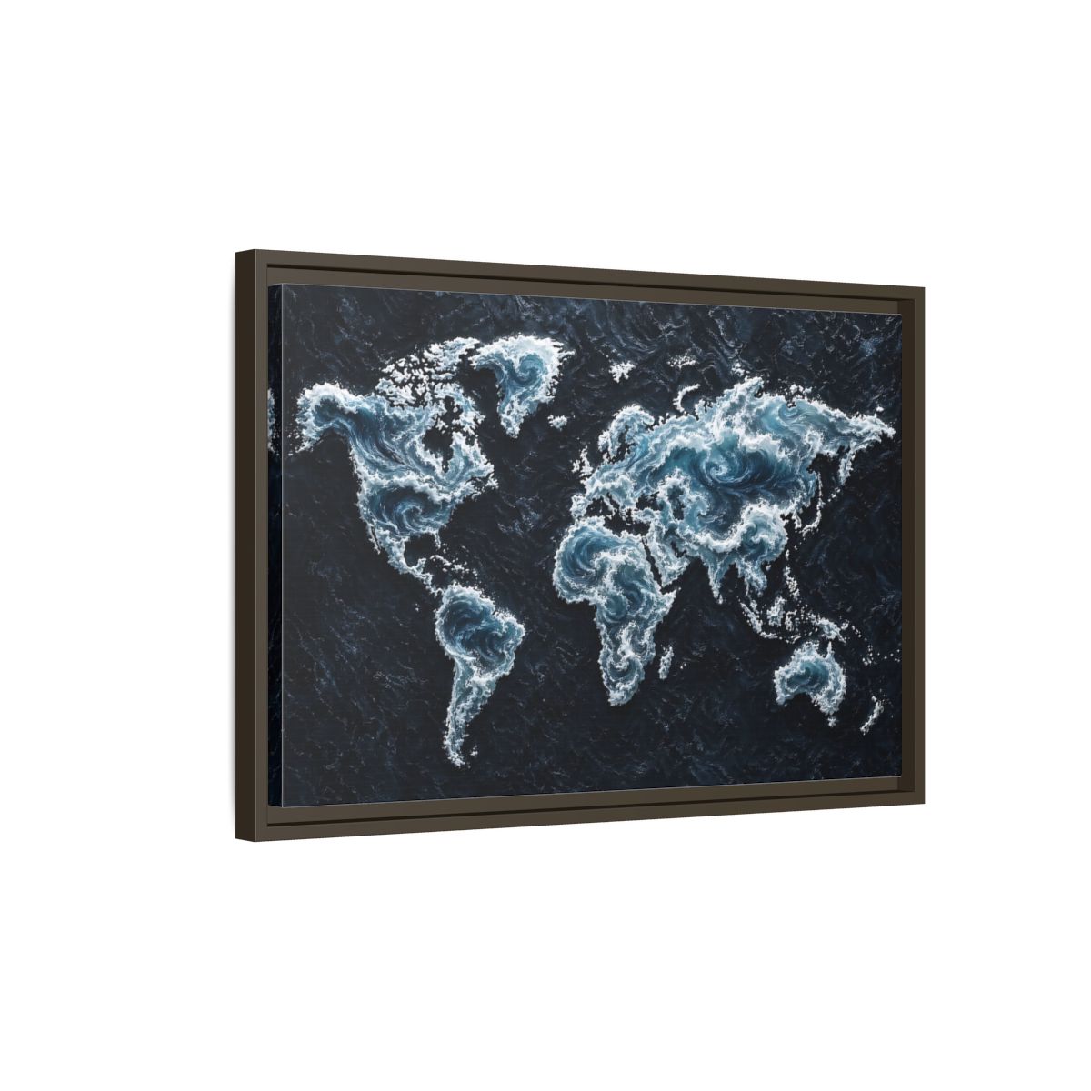 Side Mockup 2. Maps World Map Dark Blue Map shown as stretched canvas wall art