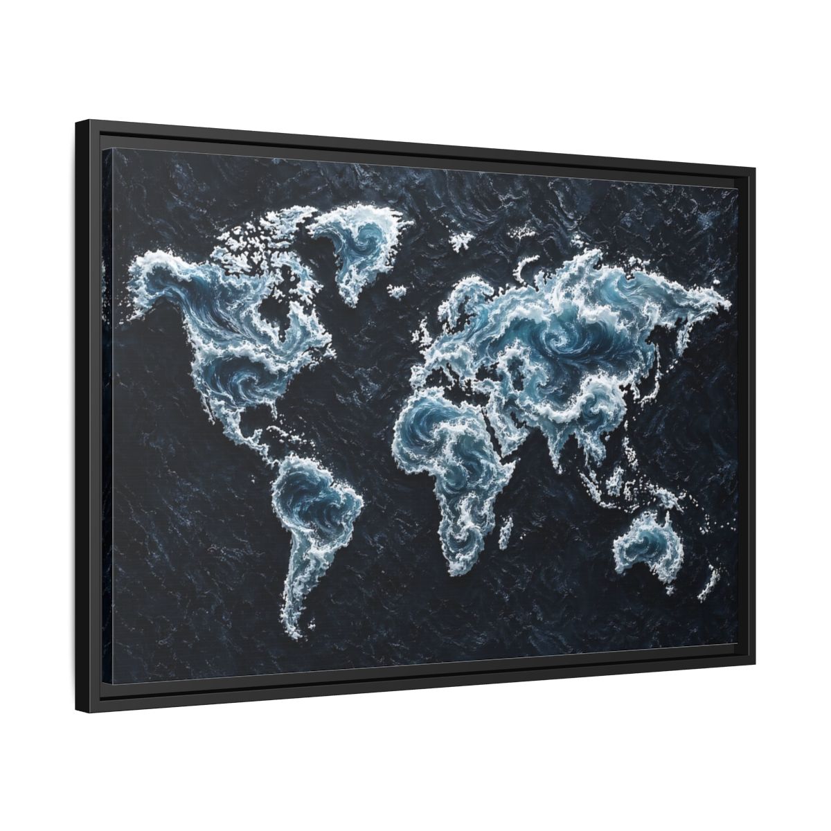Side Mockup 14. Maps World Map Dark Blue Map shown as stretched canvas wall art