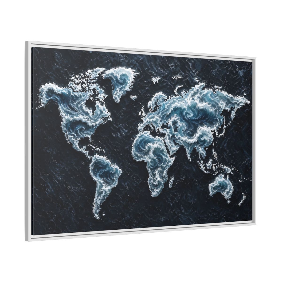 Side Mockup 7. Maps World Map Dark Blue Map shown as stretched canvas wall art