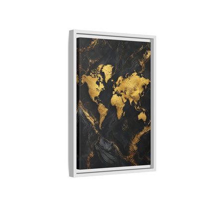 Side Mockup 4. Maps World Map Gold And Black Map shown as stretched canvas wall art
