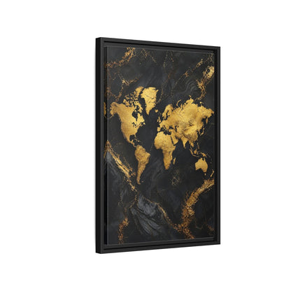 Side Mockup 3. Maps World Map Gold And Black Map shown as stretched canvas wall art