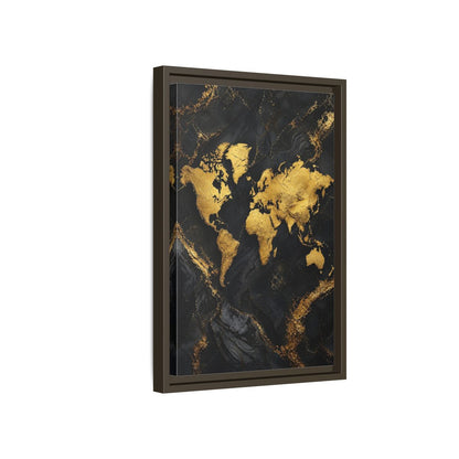 Side Mockup 5. Maps World Map Gold And Black Map shown as stretched canvas wall art