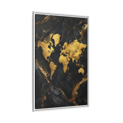 Side Mockup 9. Maps World Map Gold And Black Map shown as stretched canvas wall art